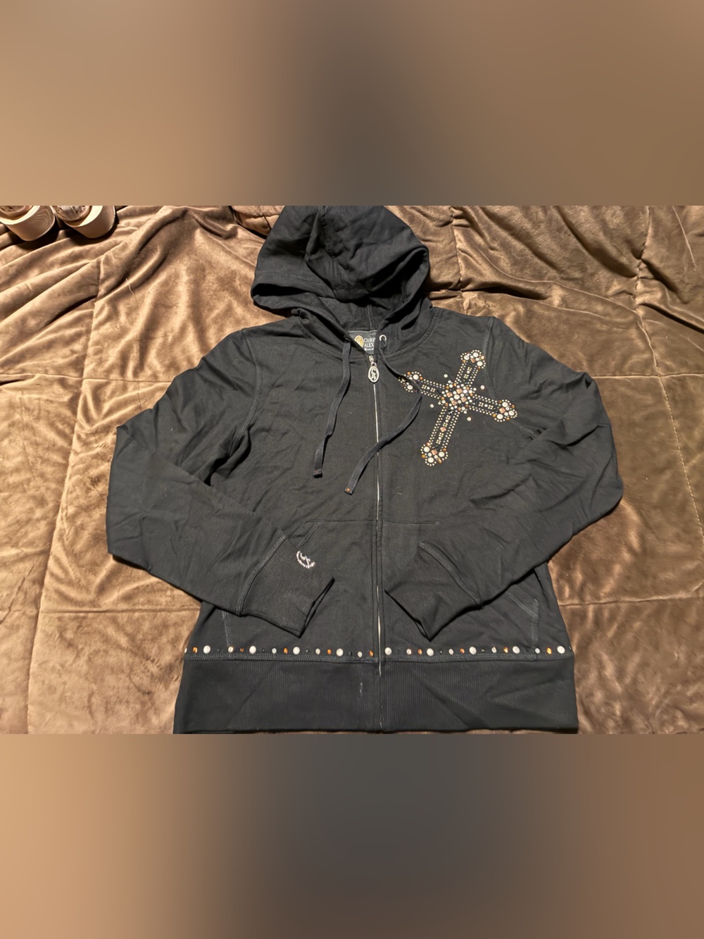 Vintage Christine Alexander Black Studded Cross Zip Hoodie, size small